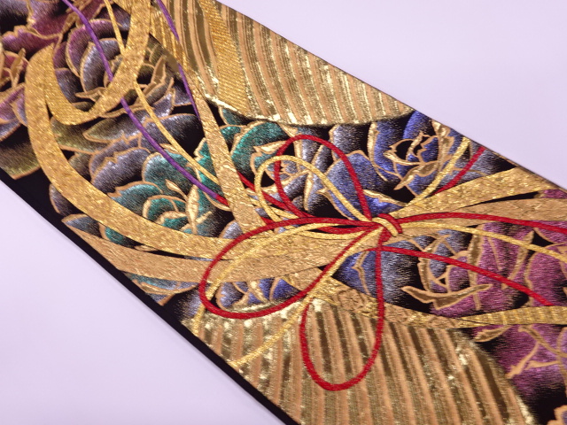 リサイクル　金糸熨斗に組紐・薔薇模様織出し振袖用袋帯